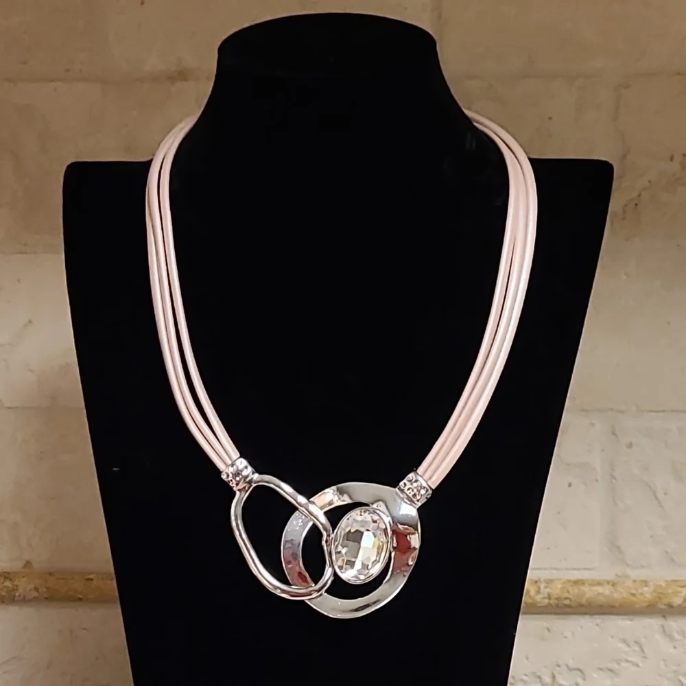 Abstract Design Crystal Embellished Pink Leather Multistrand Statement Necklace